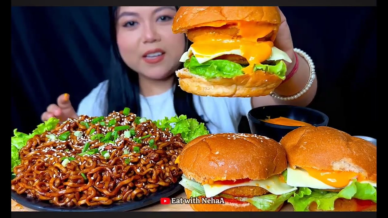 Burger 🍔 with Korean black bean noodles 🍜 eating challenge|| 