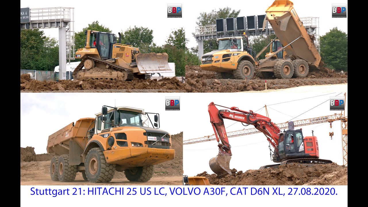 Stuttgart 21: HITACHI 225 US LC, VOLVO A30F, CAT D6N XL, 27.08.2020.