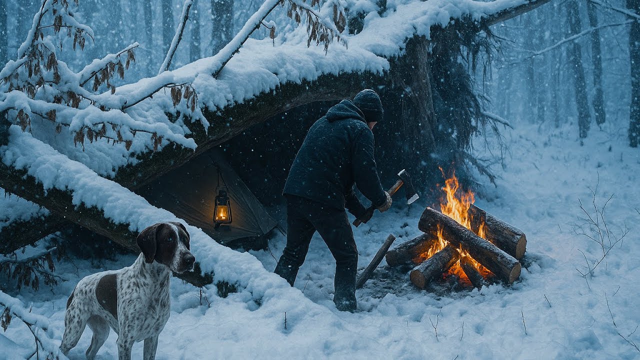 Trapped in a snowstorm – 3 days alone, no tent, no gloves, under a fallen tree, only with fire !