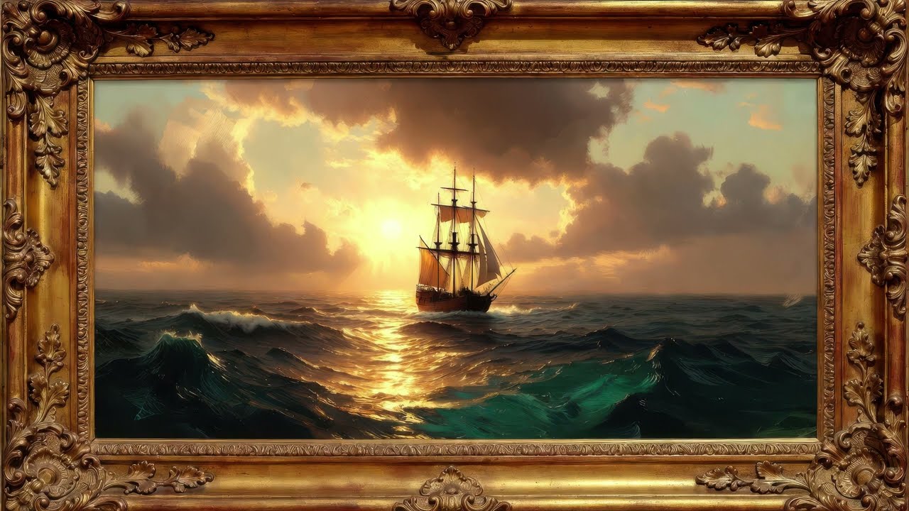 Frame TV Art 4K - Golden Sunset Ocean Painting With Classical Music