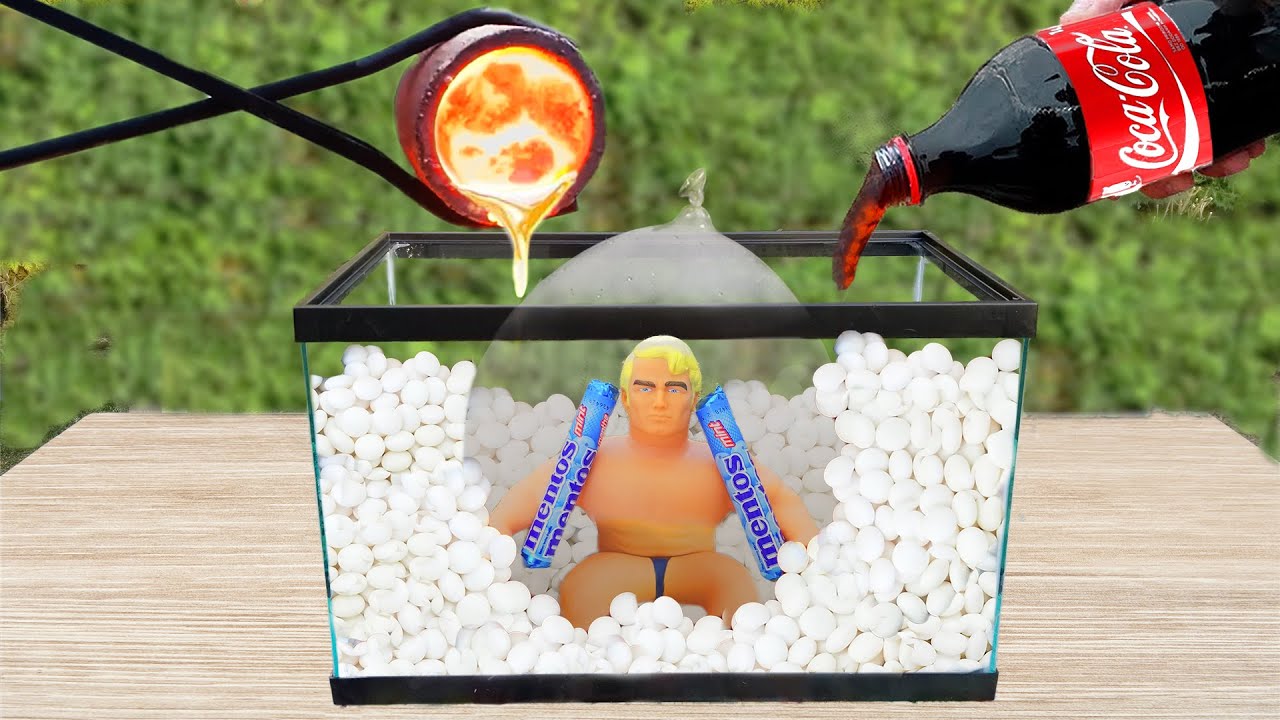 Experiment: Stretch Armstrong in Giant Balloon with Mentos vs Coca-cola & Lava