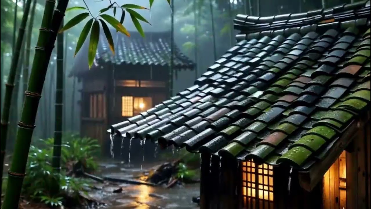 Heavy Rain on Bamboo House in Forest | ASMR Sleep & Relaxation