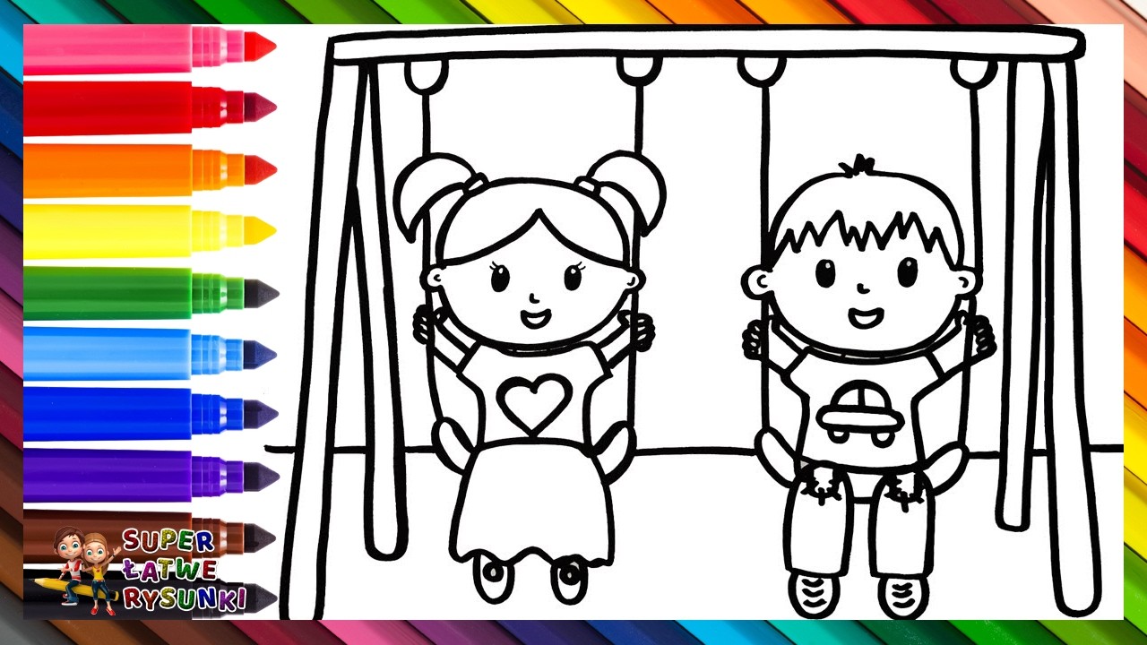 Narysuj i pokoloruj dzieci na huśtawce 👧👦🌈 Rysunki dla dzieci