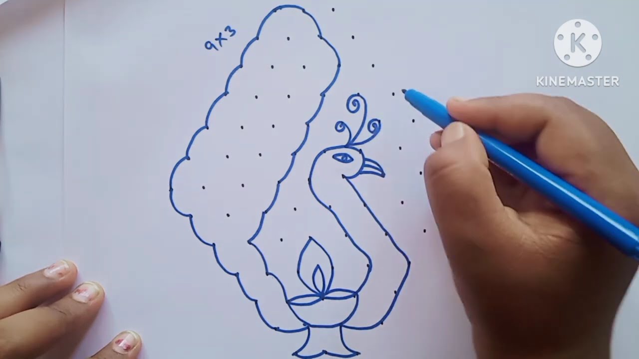 Peacock with Diya Rangoli | 9x3 Dots Simple Kolam in 3 Minutes!