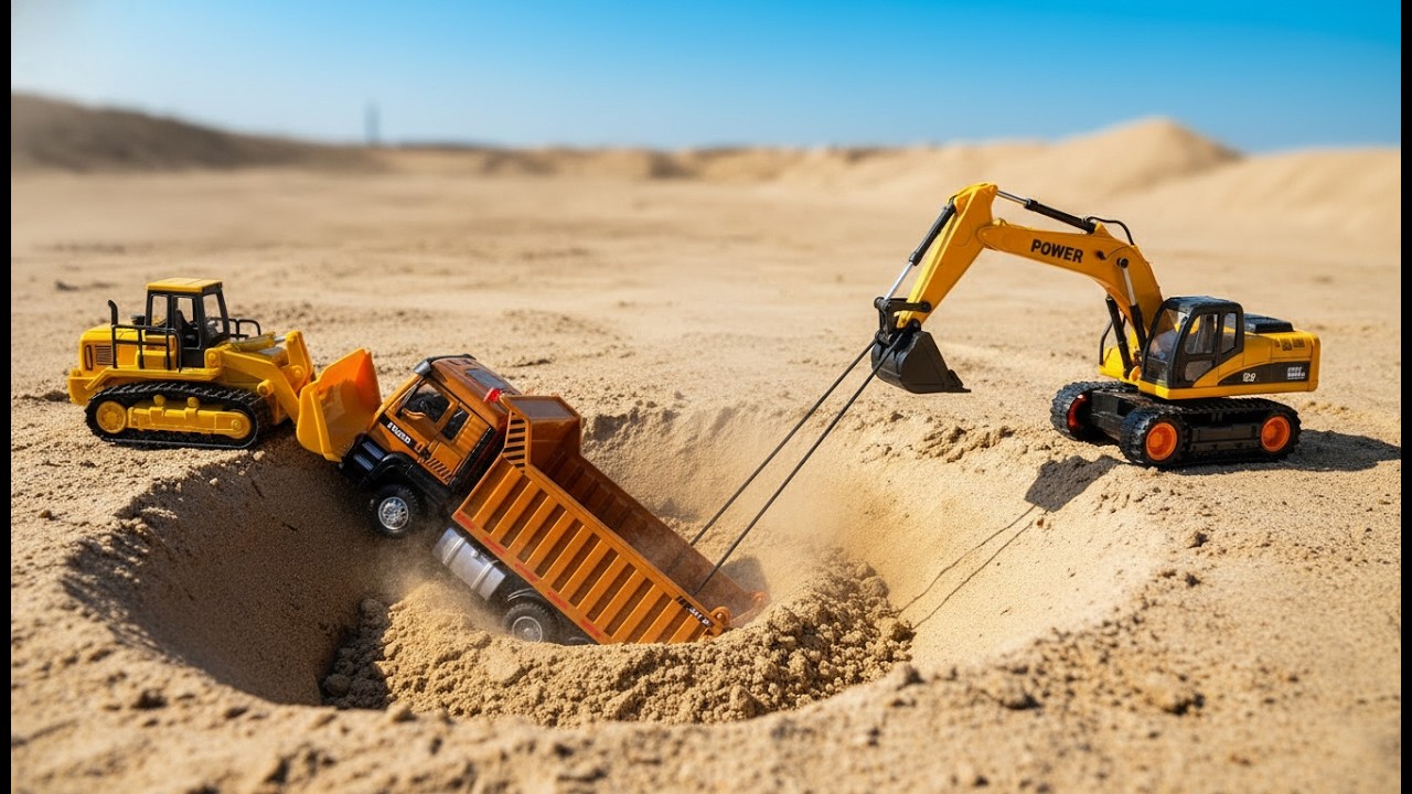 Giant Sand Sinkhole Rescue! Excavator , Dump Truck, Fire Truck Car for Kids & Bulldozer