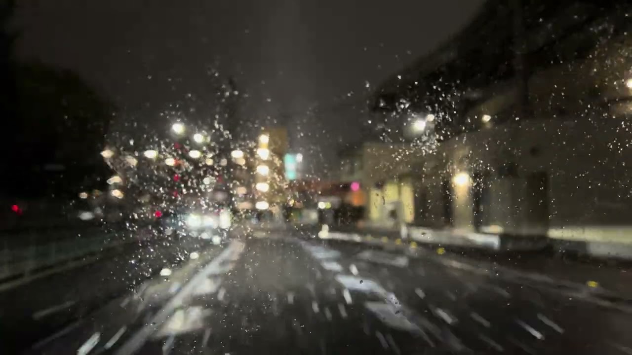 雪が降る様子 松前公園とエミフルMASAKIの間の道路（2026年2月8日21時00分頃）