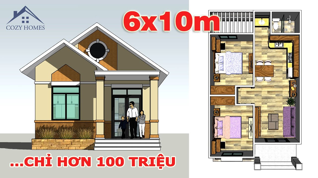 Mẫu Nhà Cấp 4 Diện Tích 6x10m - 2 Phòng Ngủ...Chỉ Hơn 100 Triệu | House 6x10m