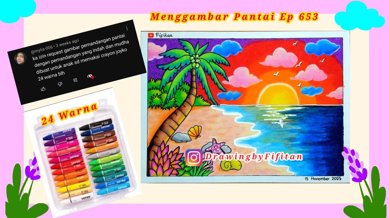 Cara Menggambar Pemandangan Pantai  dengan 24 warna saja EP 653