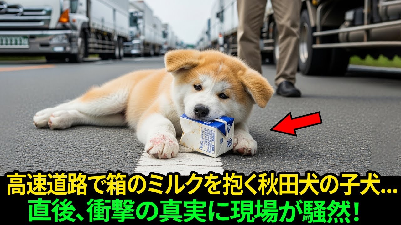 高速道路で、秋田犬の子犬は悲しげに牛乳パックを抱きしめたまま、決して手放そうとしなかった...直後、衝撃の真実に現場が騒然！