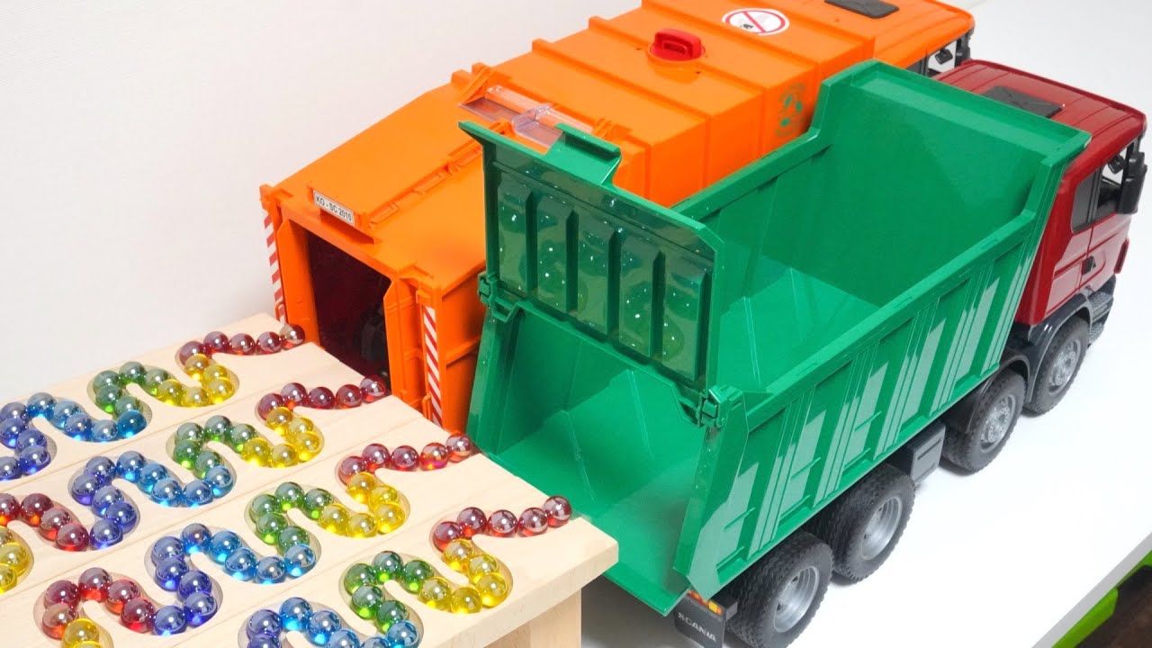 マーブルランレースASMR☆HABAスロープ、ダンプトラック　4連HABAスロープとbigダンプトラック&bigゴミ収集車