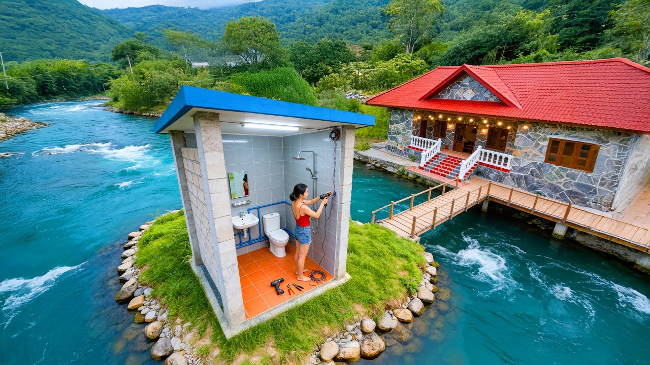 TIMELAPSE -- Genius Girl Builds an Off-Grid Bathroom by the Lake in 5 Days