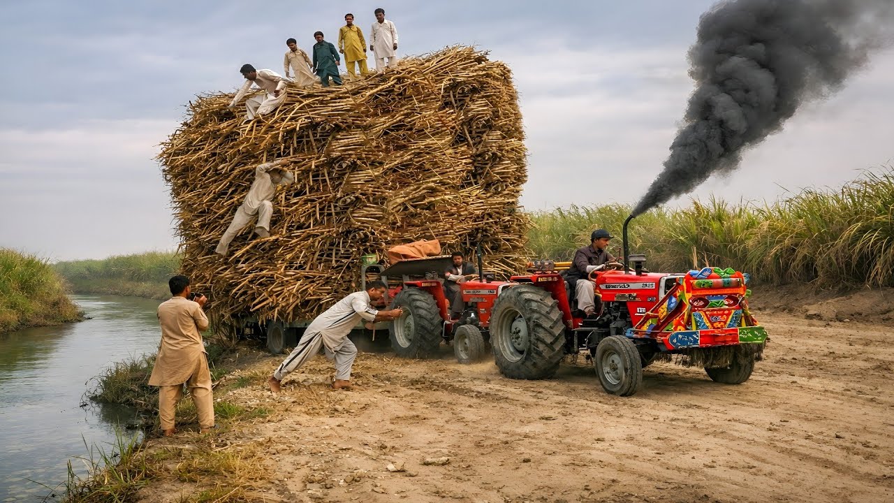 Heavy Sugarcane Trolley Pulling 🚜 MF 385 & Al Ghazi Tractor Power Test