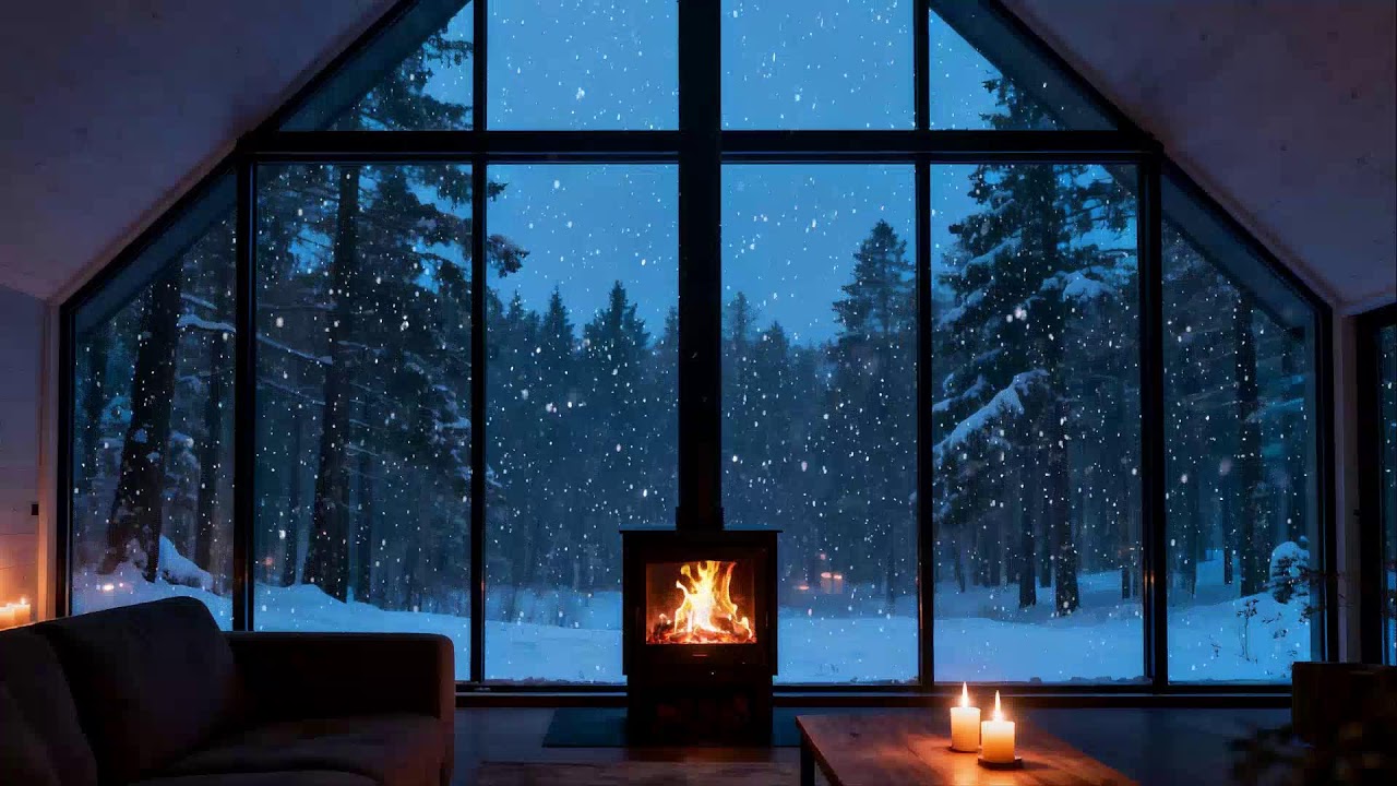 Cozy Winter Night in Paris  Warm Fireplace Glow Inside with Snowfall on a Quiet Street