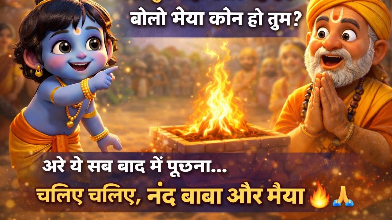 “अरे तुम यहाँ घूम रहे हो? 😄चलो-चलो… नंद बाबा का हवन है 🔥और मैया ने भोग सजा रखा है 💙”