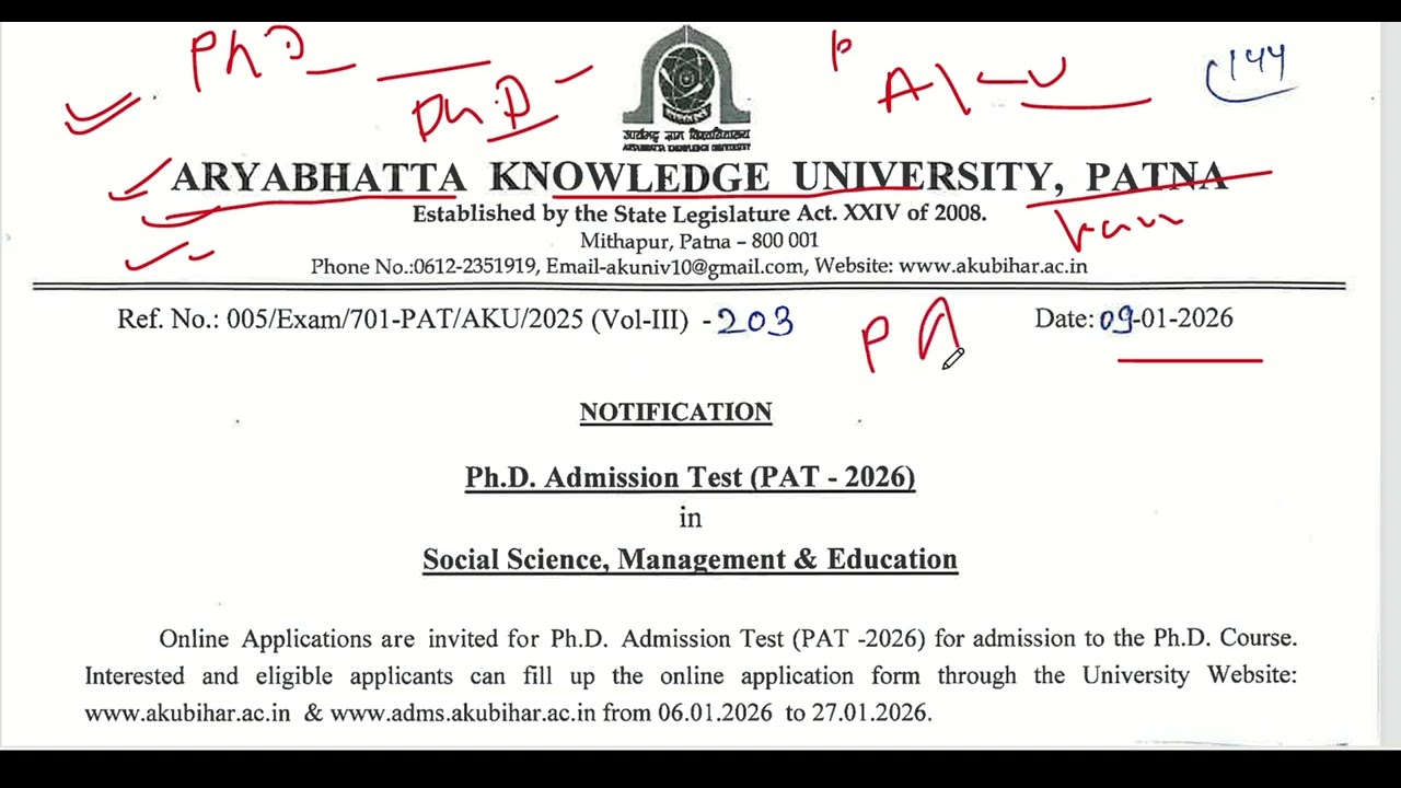 🔥 Aryabhatta Knowledge University Ph.D. PAT 2026 Notification OUT! 🎓