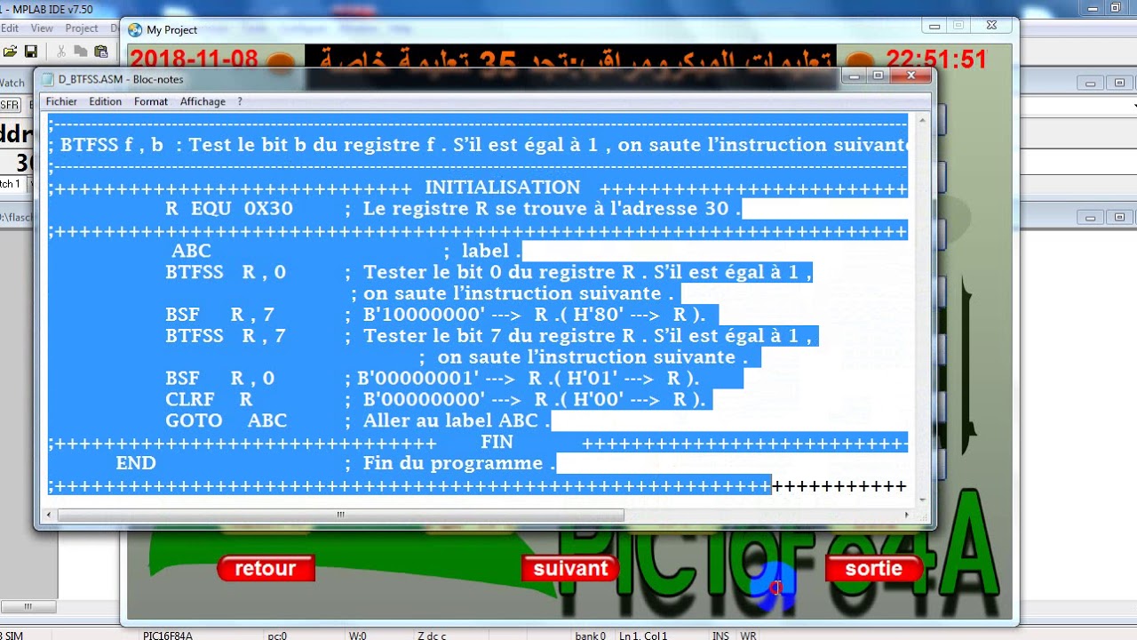 Simulation des instructions en langage assembleur : BTFSS  BTFSC