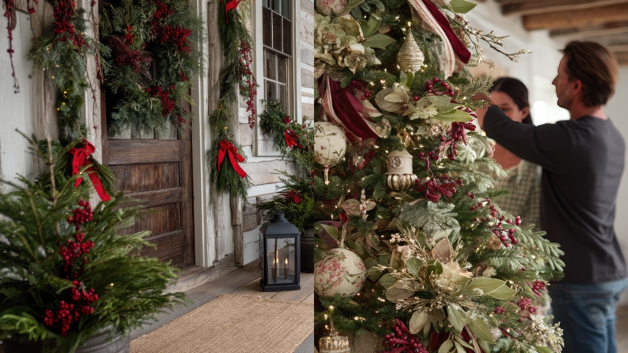 Идеи классического рождественского декора 2025 года | Традиционный красно-зелёный стиль фермерско...