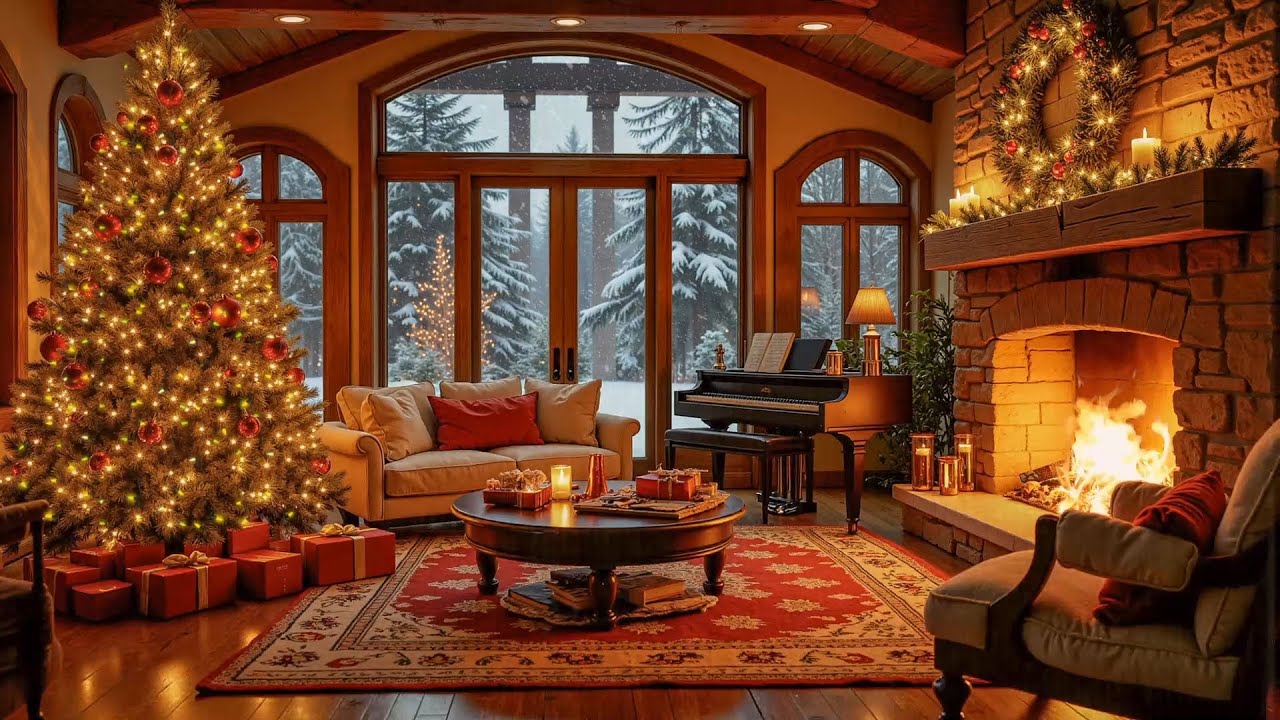 Christmas Music Ambience 🎄 Instrumental Christmas Music and Crackling Fireplace 🎁Calm, Relax, Study
