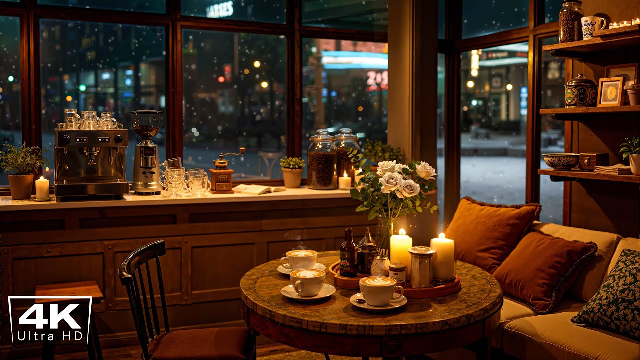 ☕ 4K Cozy Winter Coffee Shop Ambience with Relaxing Jazz Instrumental Music to Study, Work