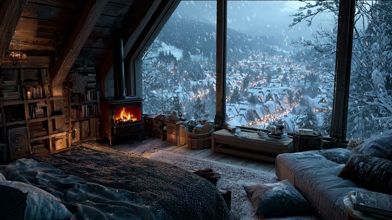 Gentle Indoor Warmth While Icy Wind and Snow Drift Through the Darkness | Calm Valley Sleep Escape