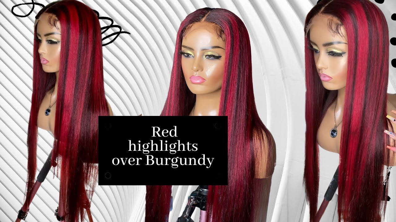 Red Highlights on Burgundy Hair Color on a Black Wig 🧨
