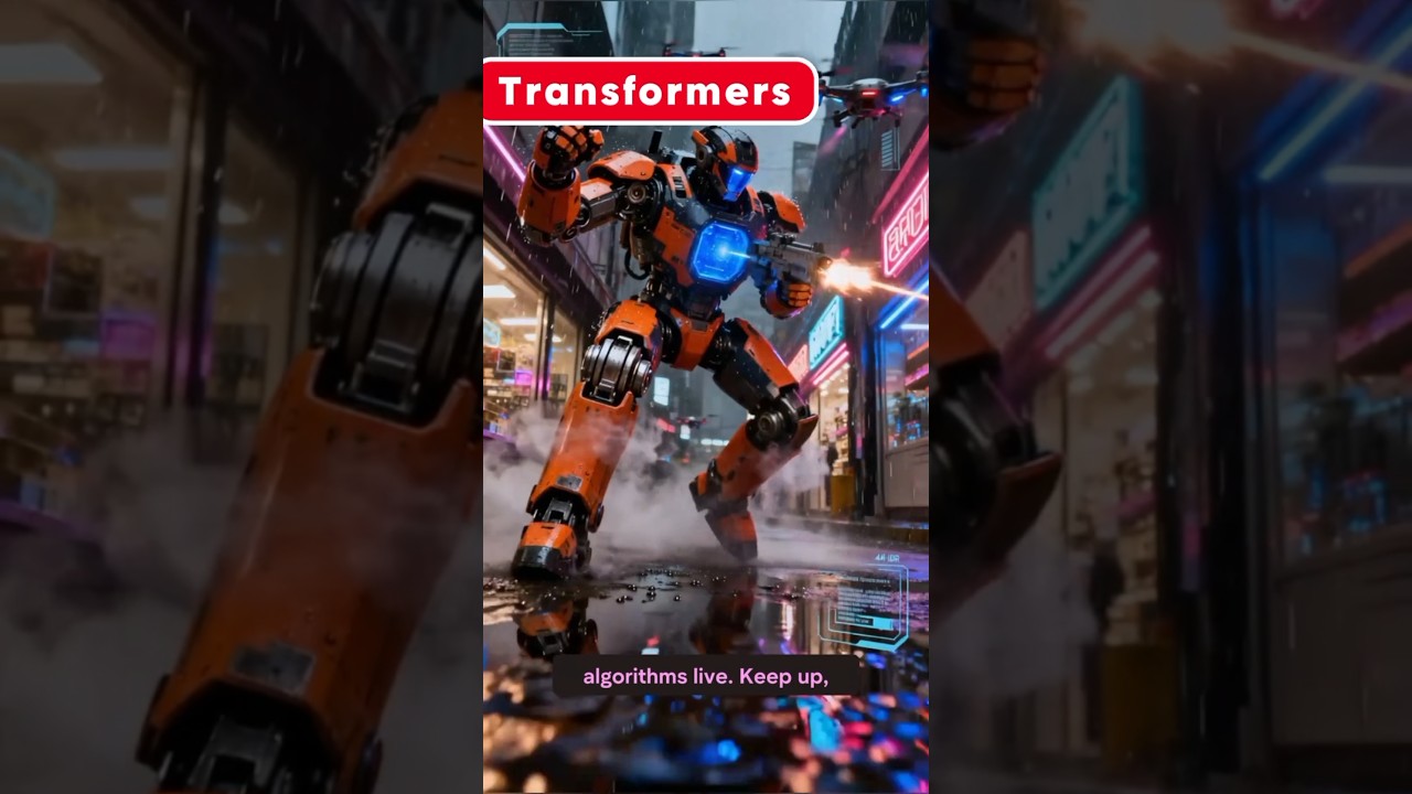 Orange Transformer Robot vs. Drone Swarm: Neon City Battle ​