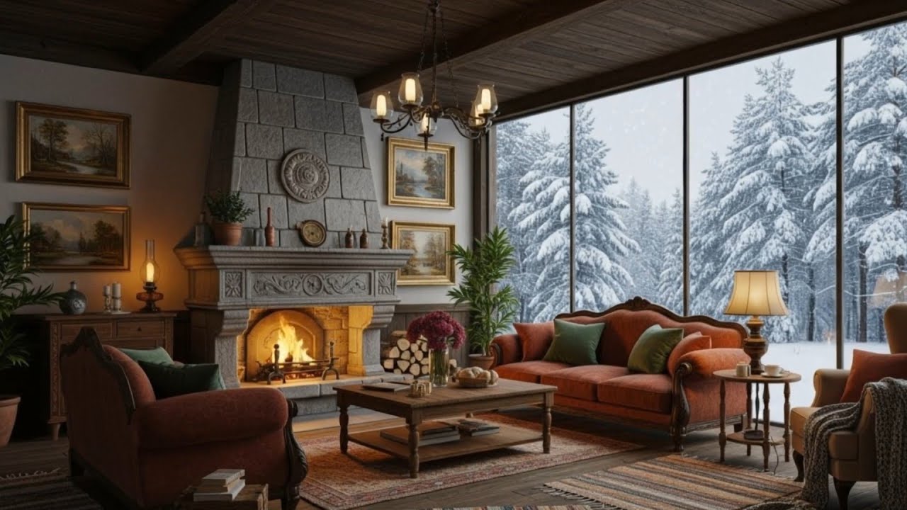 3 Hours Cozy Fireplace Cabin ❄️🔥 | Warm Living Room Ambience | Relax • Study • Sleep