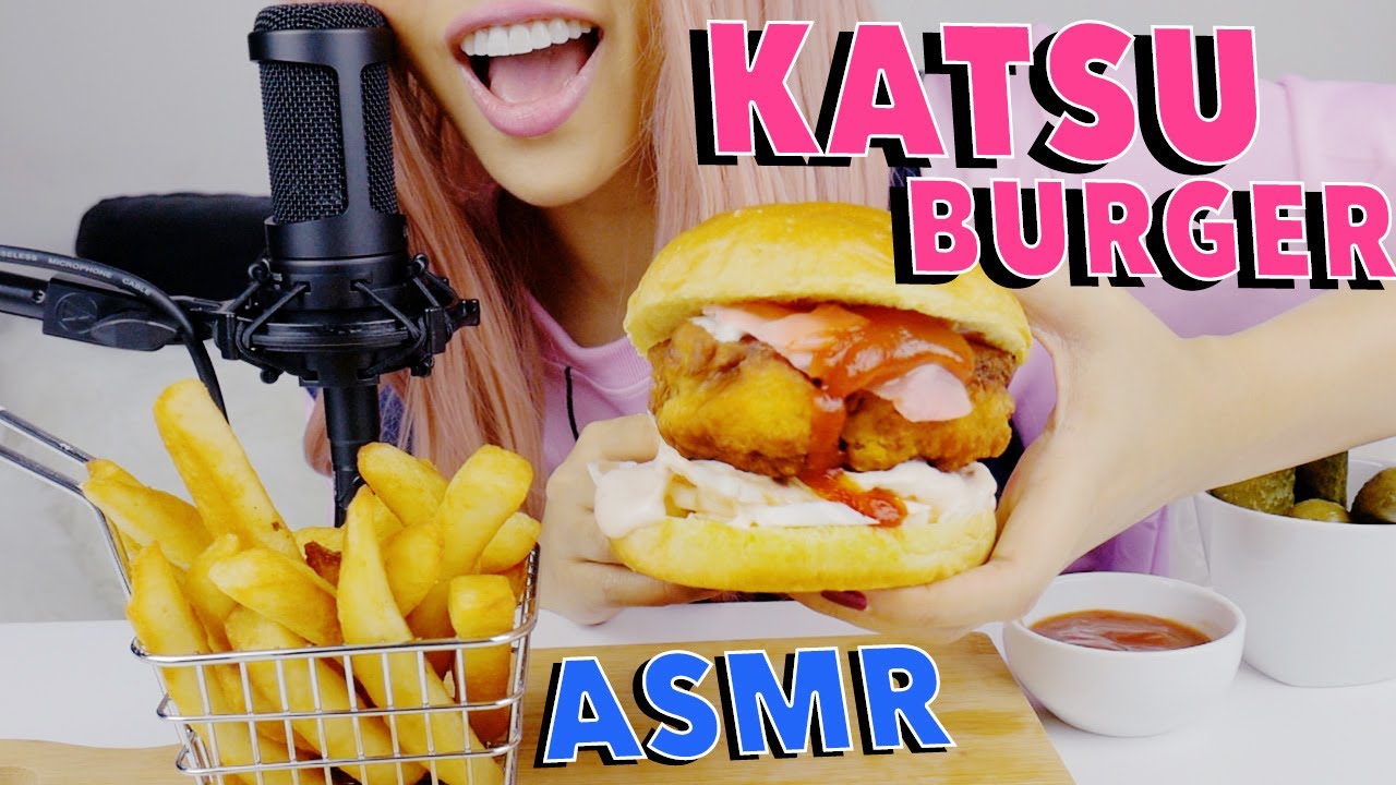 Chicken Katsu Burger & Fries ASMR *eating sounds* 먹방