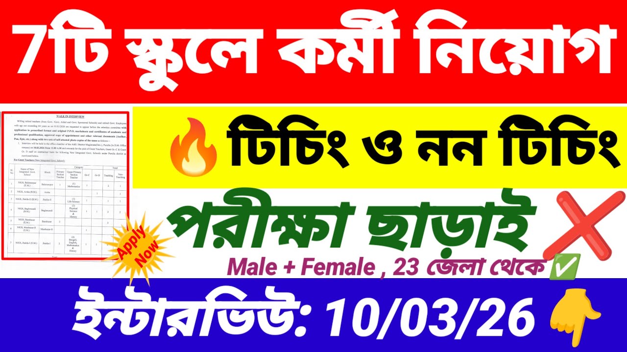 7টি স্কুলে টিচিং ও নন টিচিং স্টাফ নিয়োগ | Teaching non teaching staff recruitment 2026 | wb new job