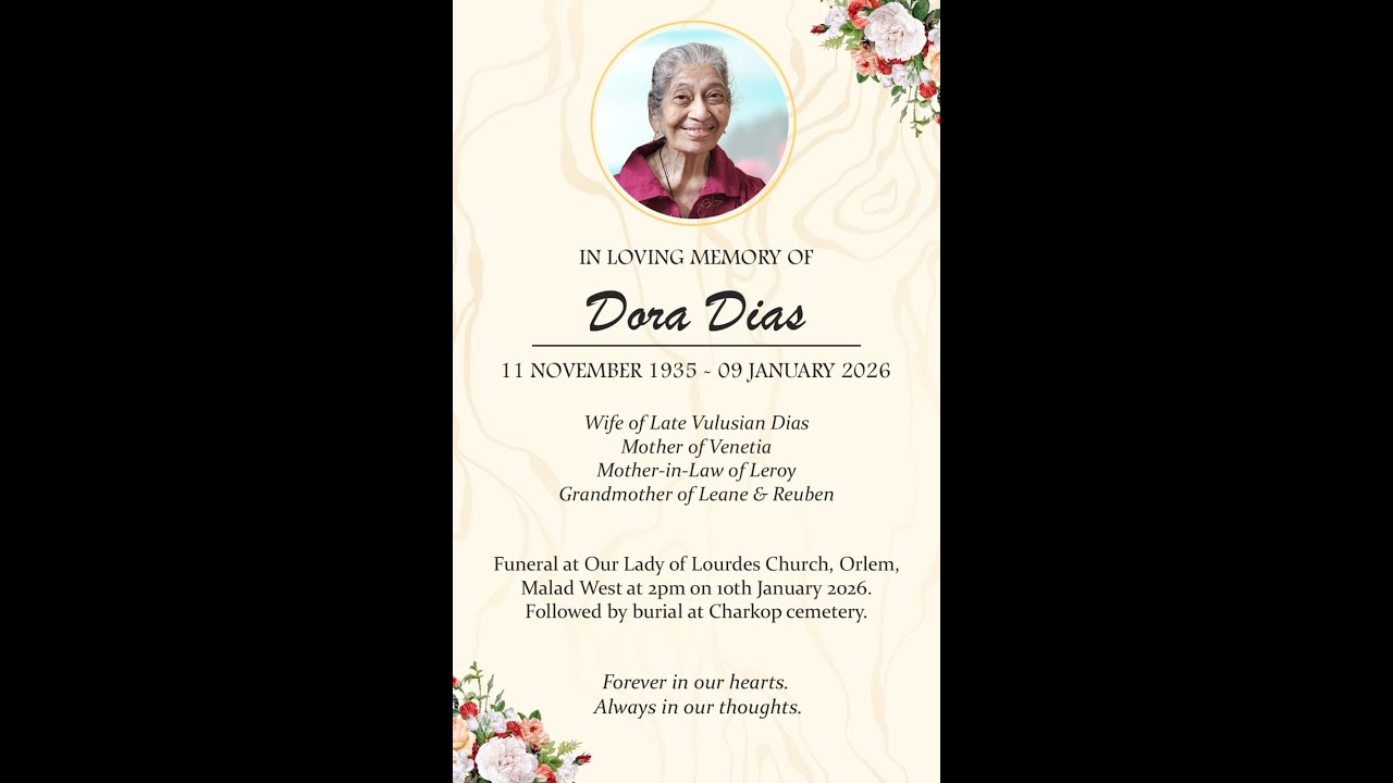 Funeral mass of Dora Dias on 10.1.26, Live streaming 2.00 pm Onwards