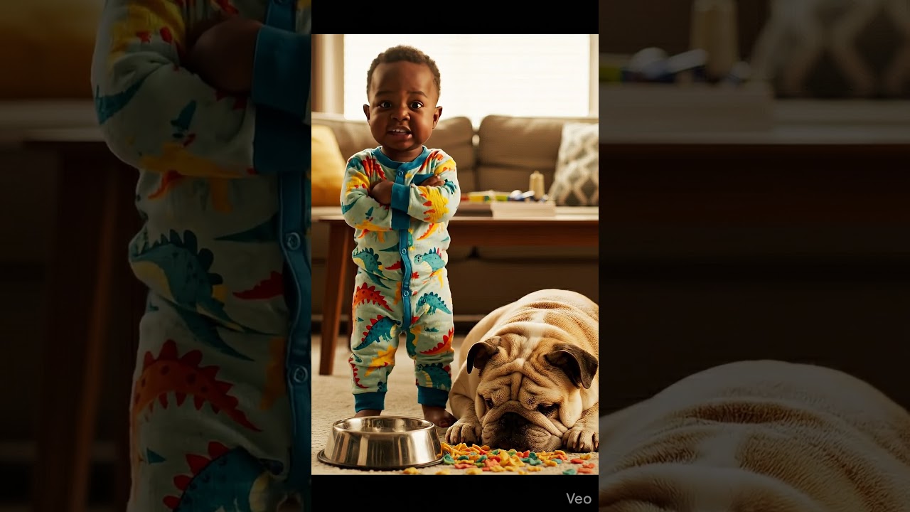 Chubby Toddler Scolding Pug Dog. 