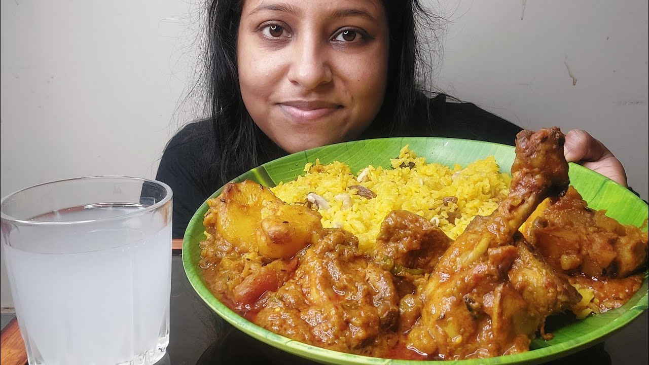 Eating Show - Basanti Pulao, Spicy Chicken Curry | Big Bites| foodie| poulamieatingshow