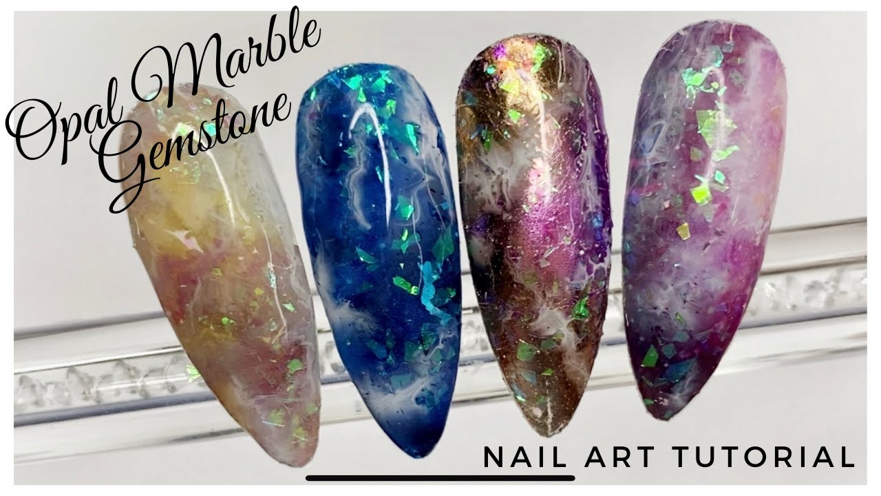 Opal Quartz Nails using Flakes, Foils and Blooming Gel | Marble Nail Design | Precious Gemstone Art