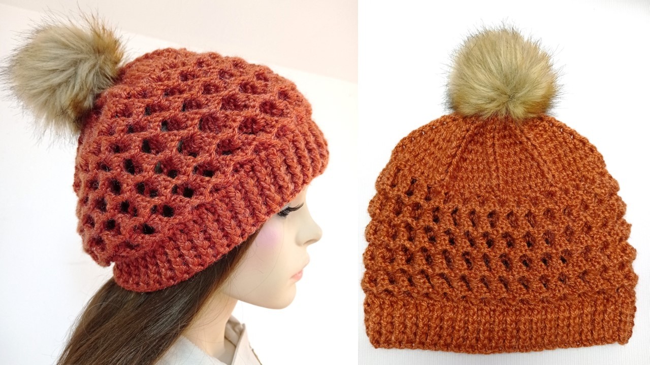 Como tejer el gorro N° 61 UNISEX a crochet en punto panal de abeja o nido de abeja paso a  paso