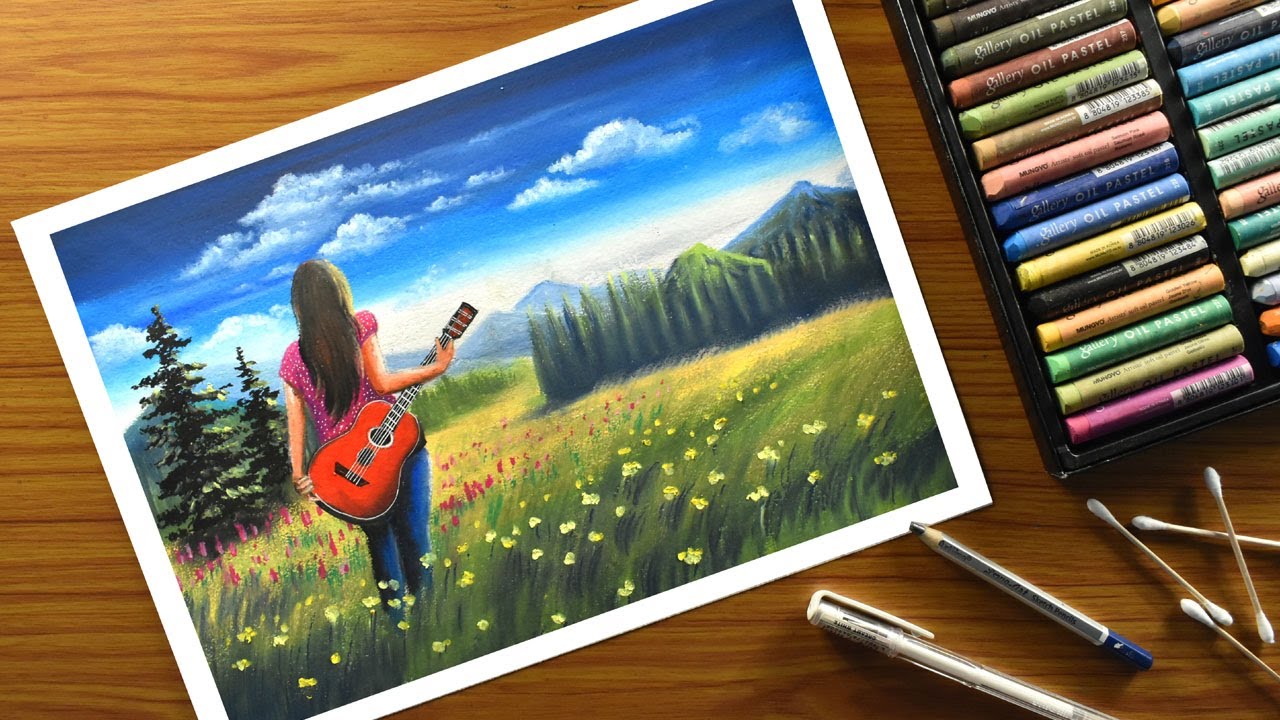 Oil pastel scenery/Step by step mountain landscape/Girl with guitar scenery drawing - step by step