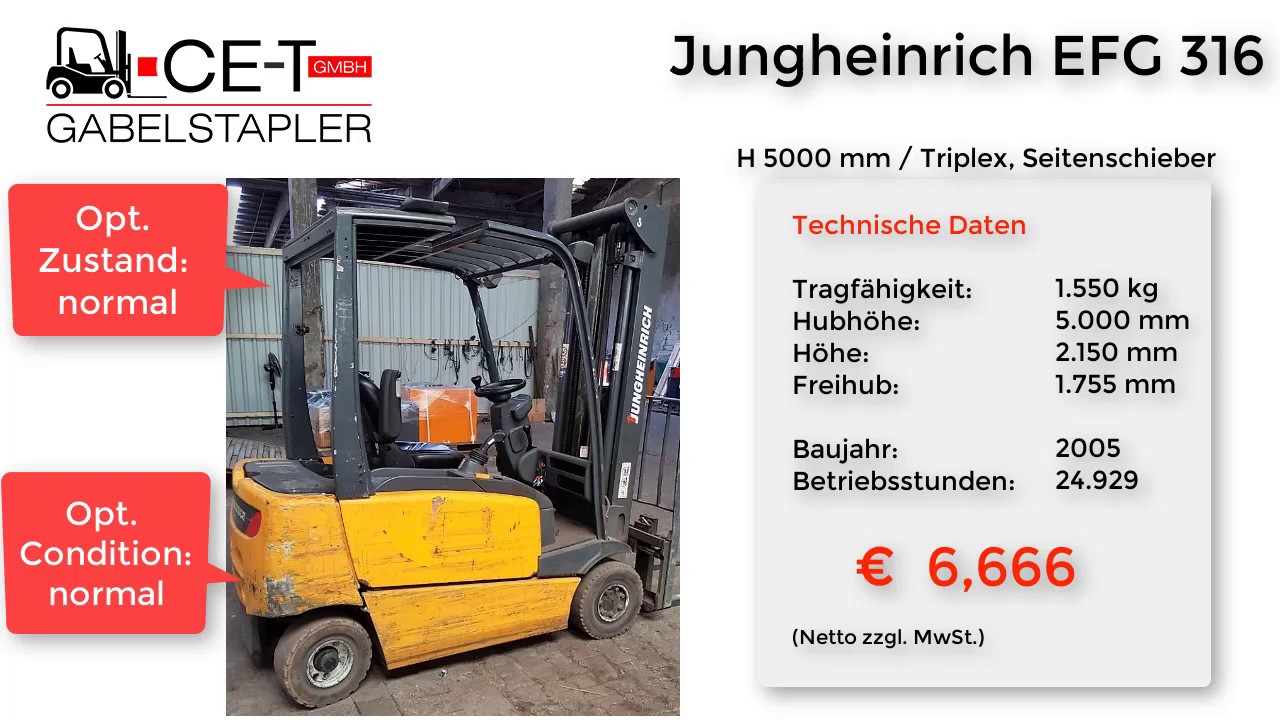Jungheinrich EFG 316// HH 5000 mm , Triplex, Seitenschieber, Elektro 4 Rad, Frontstapler