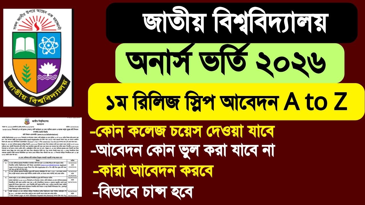 nu অনার্স ভর্তি ১ম রিলিজ স্লিপ আবেদন ২০২৬ জরুরী বিষয়|NU honours admission 1st release slip 2026 news