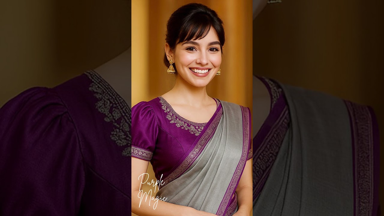 Elegant Purple Puff Sleeve Blouse with Light Grey Silk Saree | Radiant Look ✨Luxe Blouse & Beyond