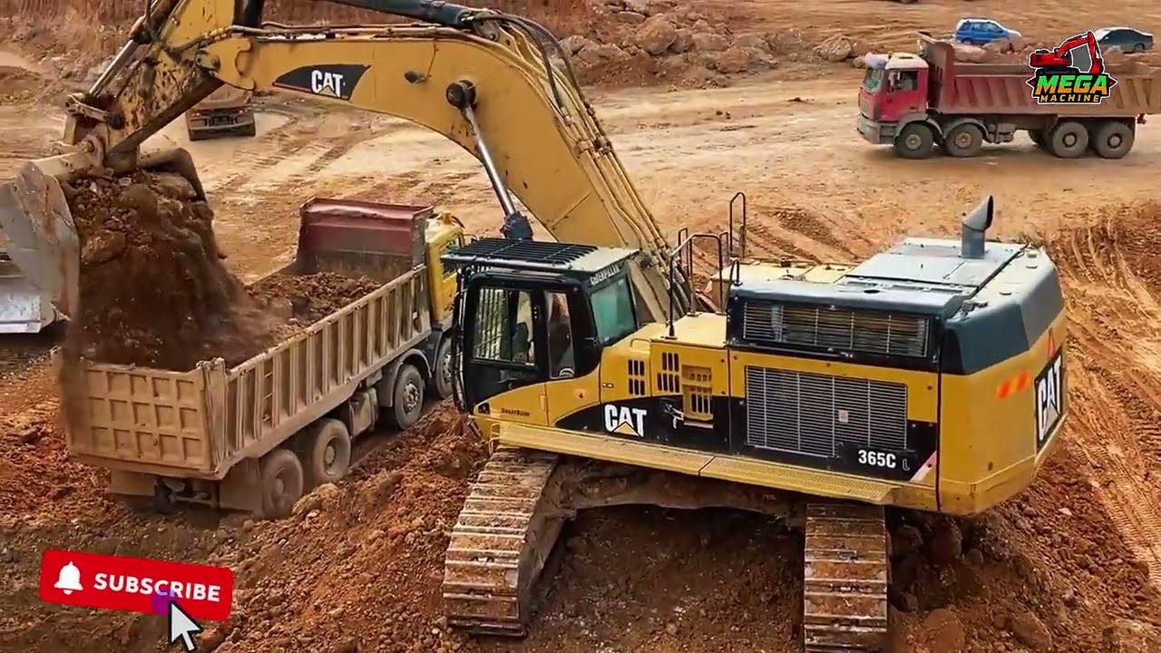 Massive Caterpillar 365C Excavator Loading Mercedes & MAN Dump Trucks