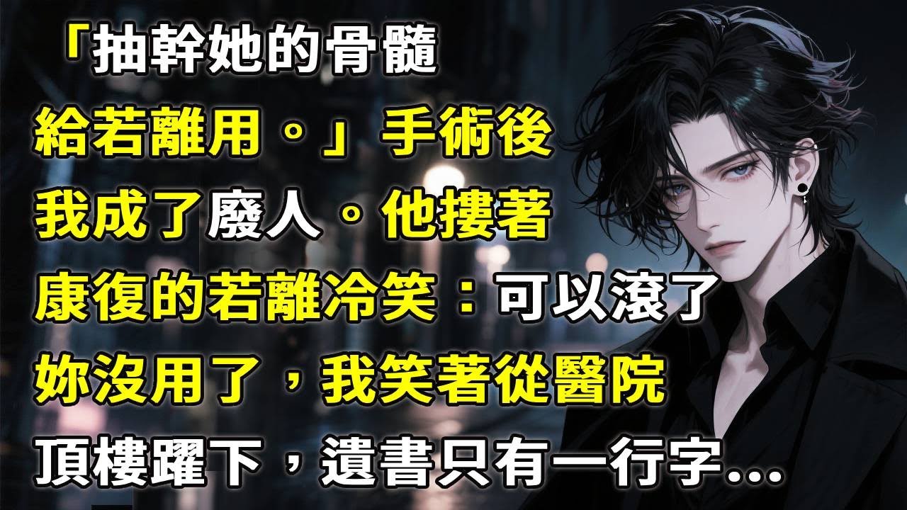 「抽幹她的骨髓，給若離用。」手術後，我成了廢人。他摟著康復的若離冷笑：可以滾了，妳沒用了，我笑著從醫院頂樓躍下，遺書只有一行字...#故事頻道 #故事分享 #情感故事 #小說 #心月言情