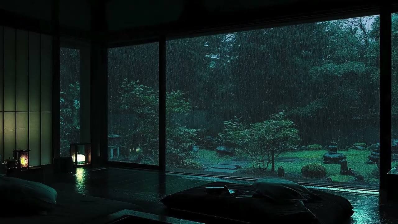 Peaceful Rainfall | Dark Bedroom Ambience | Garden Sounds for Deep Rest & Mindful Relaxation