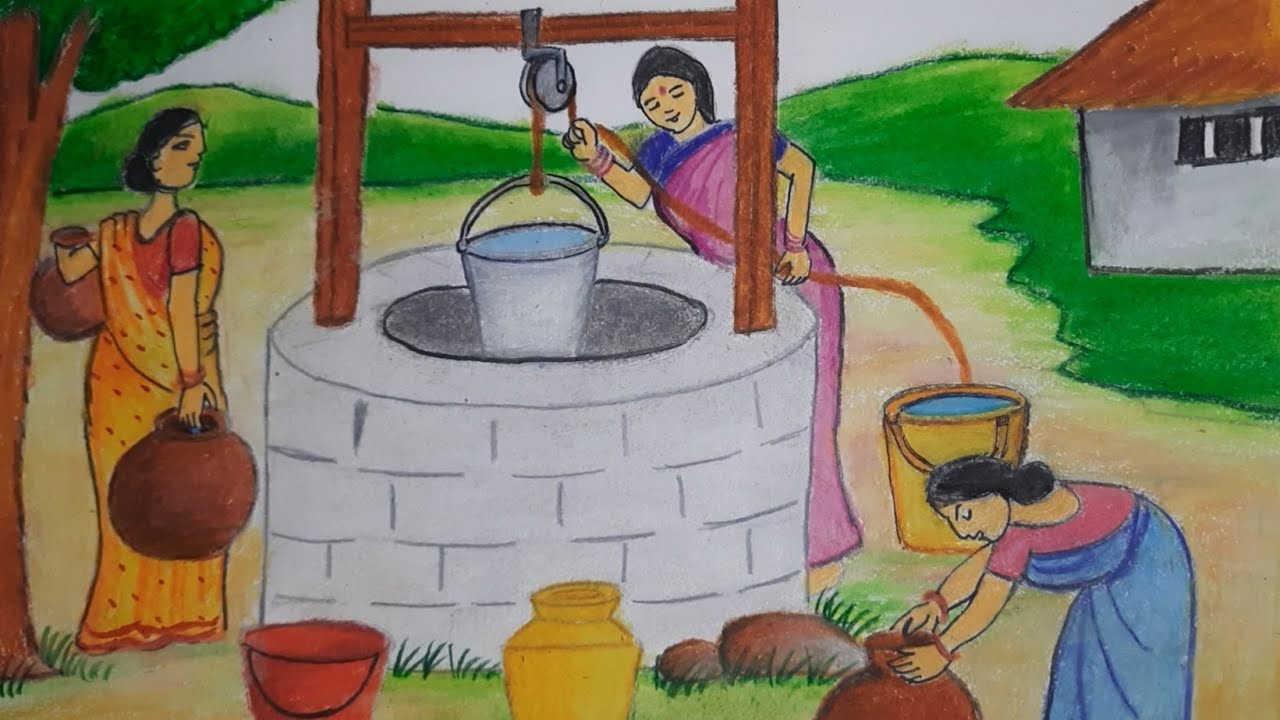 How to draw village women taking water from the well |easy village scenery of women taking water