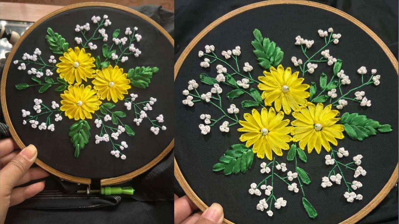 Hand Ribbon Embroidery Design । Easy Ribbon Work For Beginners । Mekhela Sador Design ।