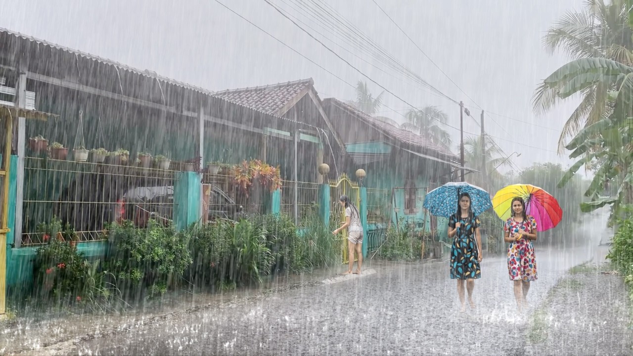 scary heavy rain storm in the village, strong wind & lightning every day badtime in the village