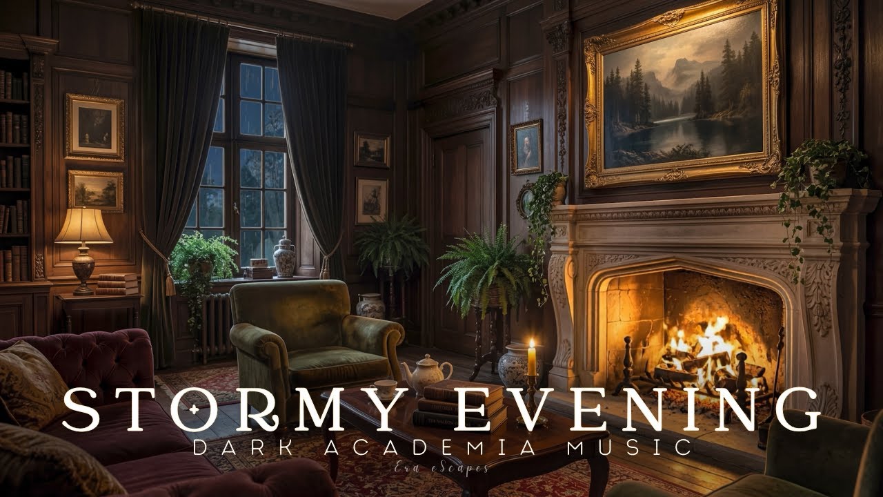 Stormy Night by the Fire | Dark Academia Piano Music | Fireplace Ambience, Rain & Distant Thunder