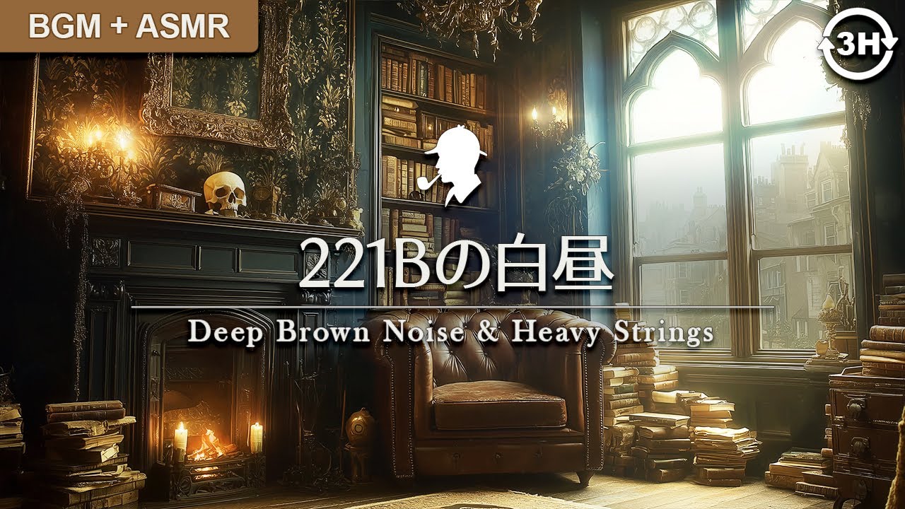 【作業用BGM】221Bの白昼：集中を研ぎ澄ますブラウンノイズと重厚な弦楽｜暖炉の音と巡る名探偵の思考（No Beats / Brown Noise）