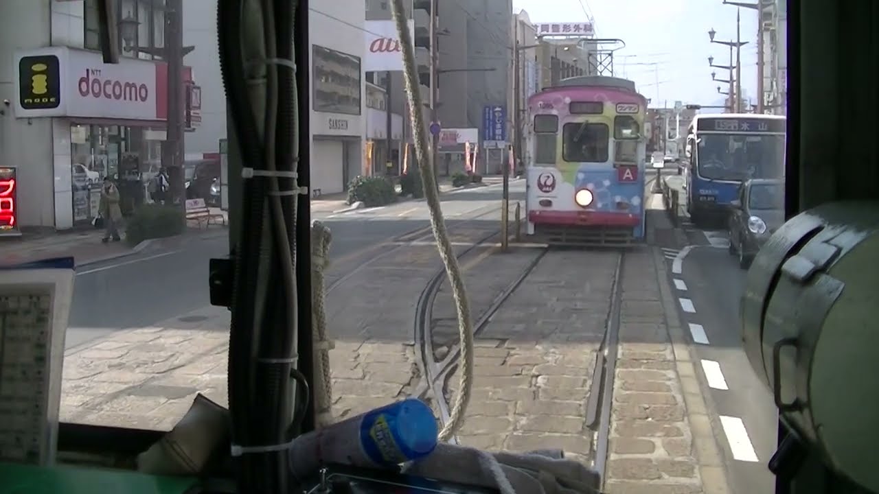 熊本市電 1200形 1205号 B系統  ①健軍町→辛島町(前面車窓)　※2014年2月撮影