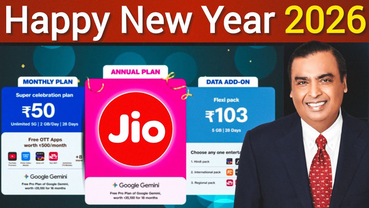 Jio Happy New Year Offer 2026 | Jio New Plan ₹103 Jio NewYear Recharge Offer Free Unlimited 5g Data