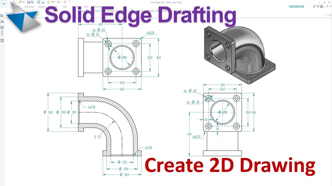 Solid Edge Drafting Tutorials #1 | Create 2D Drawing from 3D model (Pipe Connection Part)