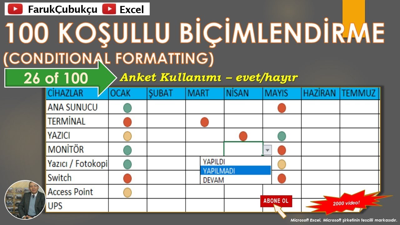 Excel Koşullu Biçimlendirme - 26 of 100 - Anket Kullanımı - Evet / Hayır gibi